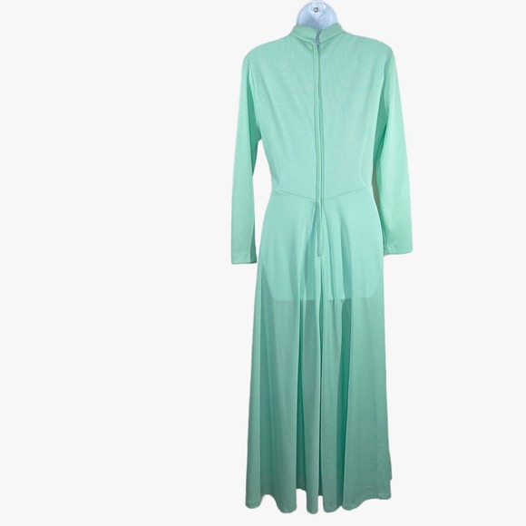 Vintage Mod Pearls Formal Maxi Dress Sz 12 Green Mock Neck Long Sleeve Back Zip - Picture 7 of 8